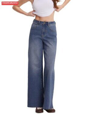 High Waisted Wide Leg Stretchy Baggy Denim Jeans Cropped Loose Palazzo